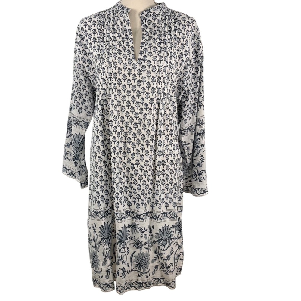 Madison Mathews Blue Block Print Cotton Tunic Dress XL Lined Coastal‎ Boho